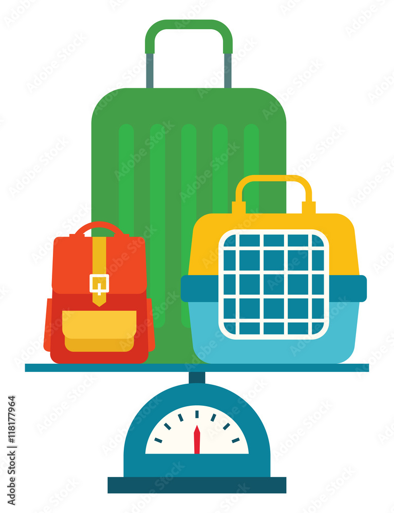 Stock vector illustration of different luggage on the scales. Stock vector illustration of different luggage on the scales.