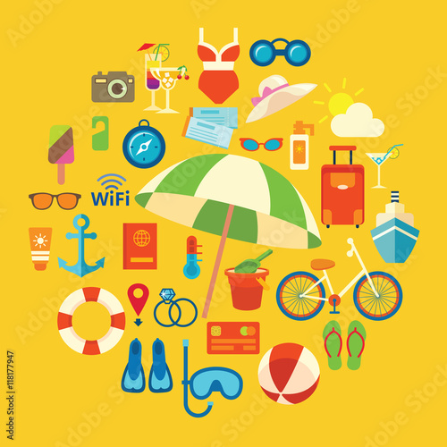 Set of colored vector icons and symbols on the summer beach holi
