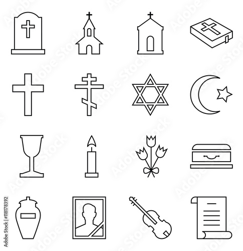 Set of vector icons of linear symbols funeral and cemetery