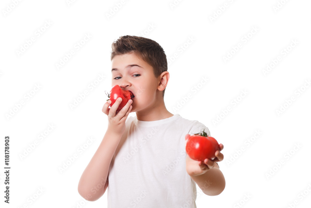 Healthy boy with food on a white background in the studio, healt Healthy boy with food on a white background in the studio, healt