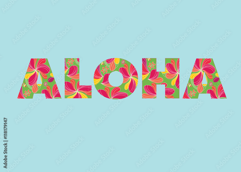 Aloha lettering - tropical style, colorful word letters, vector