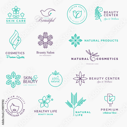 Set of labels and stickers for beauty, natural products, healthcare. Thin line vector illustration concepts for graphic and web design.