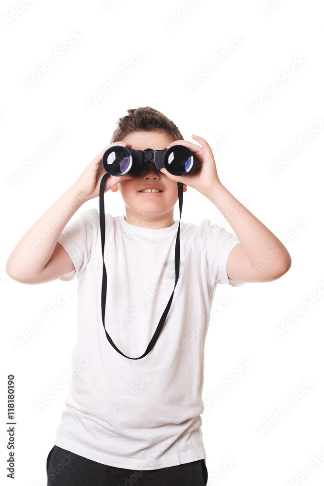 little boy is looking through binoculars. Isolated over white ba little boy is looking through binoculars. Isolated over white ba