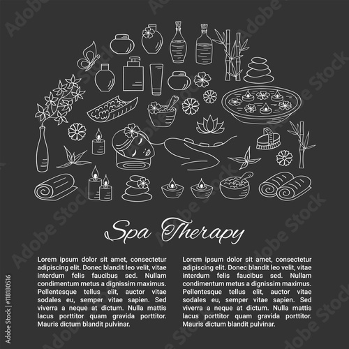Spa hand drawn doodle icons. Vector illustrations of Beautiful woman spa treatment  beauty procedures  therapy  massage  foot bath  wellness.