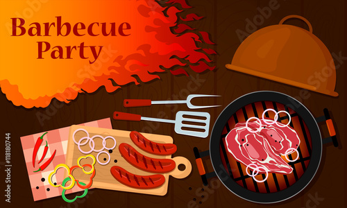 Barbecue party flat horizontal web banner set with grilled steak and vegetables. Vector illustration