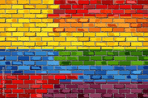 Brick Wall Colombia and Gay flags - Illustration,
Rainbow flag on brick textured background, 
Flag of gay pride movement painted on brick wall,
Abstract grunge Colombian Flag and LGBT flag