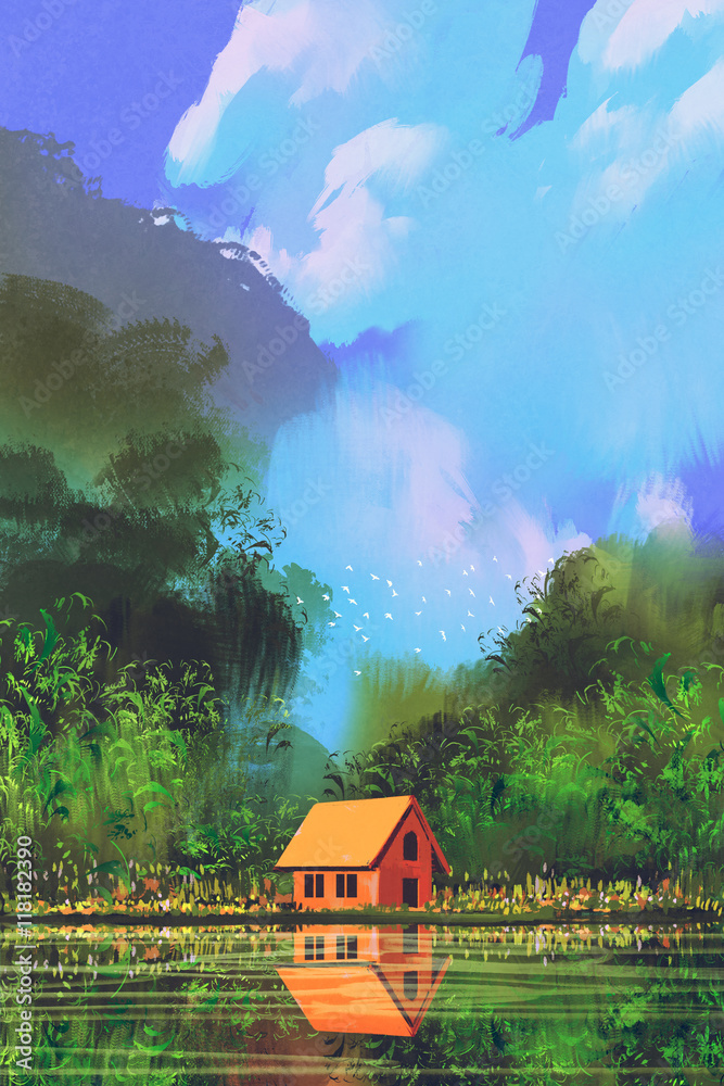 Obraz premium little orange house in forest under the blue sky,illustration painting