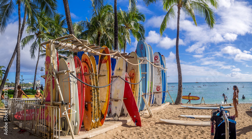 Surfboards lined up on Waikiki beach.