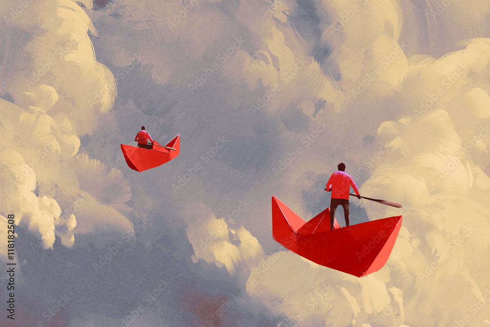 men on origami red paper boats floating in the cloudy sky,illustration painting - obrazy, fototapety, plakaty 