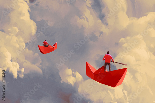 mężczyźni na łodziach origami z czerwonego papieru unoszący się w pochmurnym niebie, malowanie ilustracji