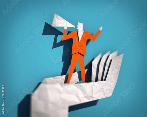 3d illustration, paper character, business illustration man speaks with a loudspeaker photo