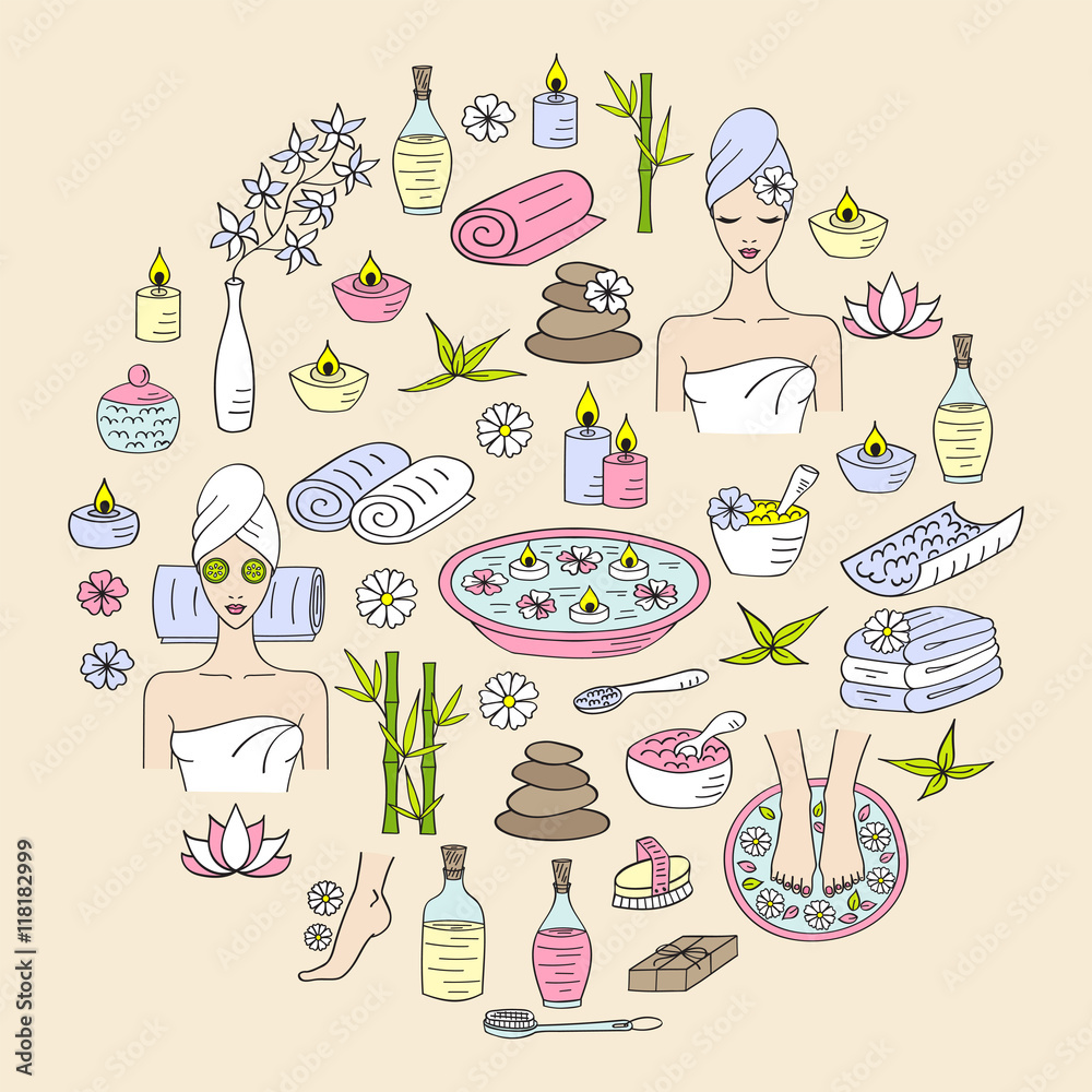 Spa Hand Drawn Doodle Icons Vector Illustrations Of Beautiful Woman Spa Treatment Beauty