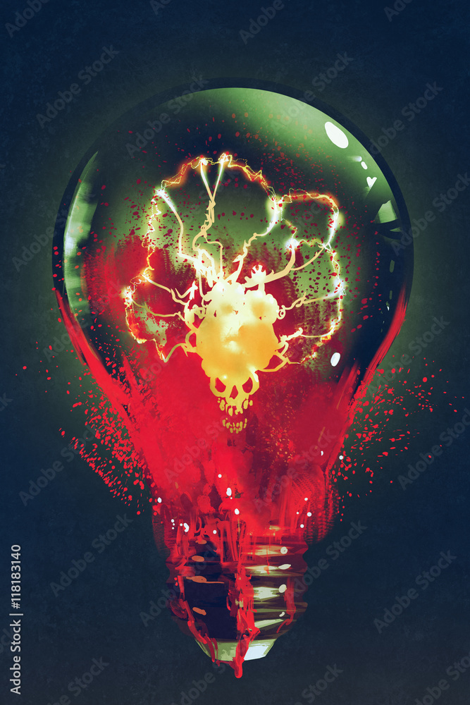 Fototapeta premium light bulb with the skull glowing inside on dark background,illustration painting