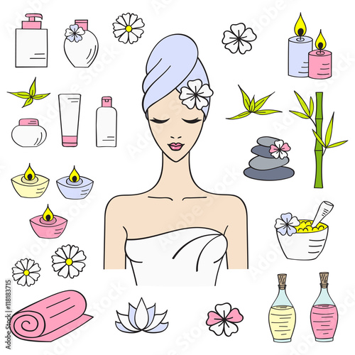 Vector illustrations of Beautiful woman spa treatment, beauty procedures, therapy, massage,  wellness, spa hand drawn doodle icons, herbal cosmetics, aroma candles, stones, bamboo, flowers, towels.