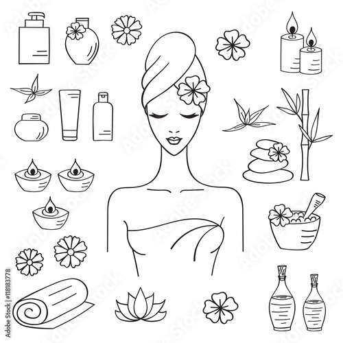 Vector illustrations of Beautiful woman spa treatment, beauty procedures, therapy, massage,  wellness, spa hand drawn doodle icons, herbal cosmetics, aroma candles, stones, bamboo, flowers, towels.