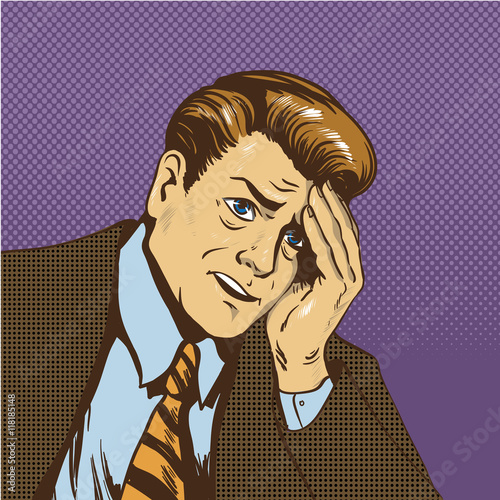Upset man vector illustration in retro comic pop art style. Sad businessman in stress situation thinking about his business failure