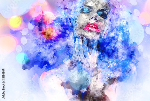 Beautiful woman with a bright make-up. Digital watercolor painti