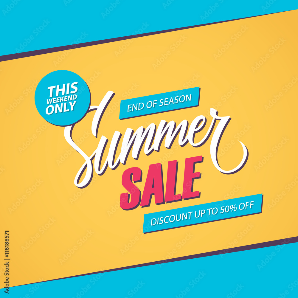 Obraz premium Summer Sale. This weekend special offer banner, discount up to 50% off. End of season. Vector illustration.