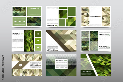 Set of Veterans Day brochure, poster templates in khaki style. Beautiful design and layout