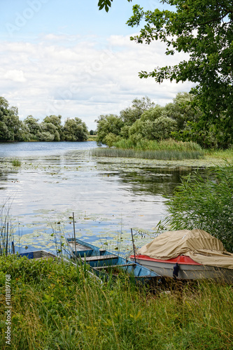 Havel river at summer time (Brandenburg, Germany). boats on shor