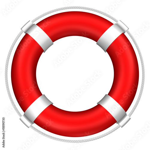 Lifebuoy with stripes and rope. 3D rendering.