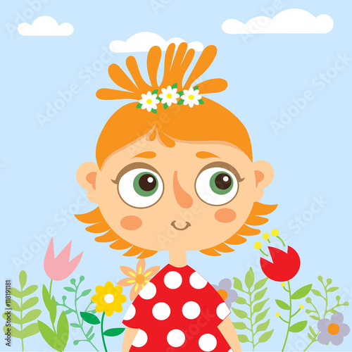 Illustration with little girl in spring