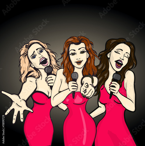 vector illustration of a three singing woman . karaoke party . copy space
