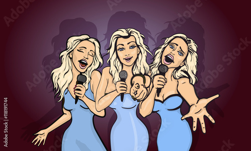 vector illustration of a three singing  woman . karaoke party . copy space