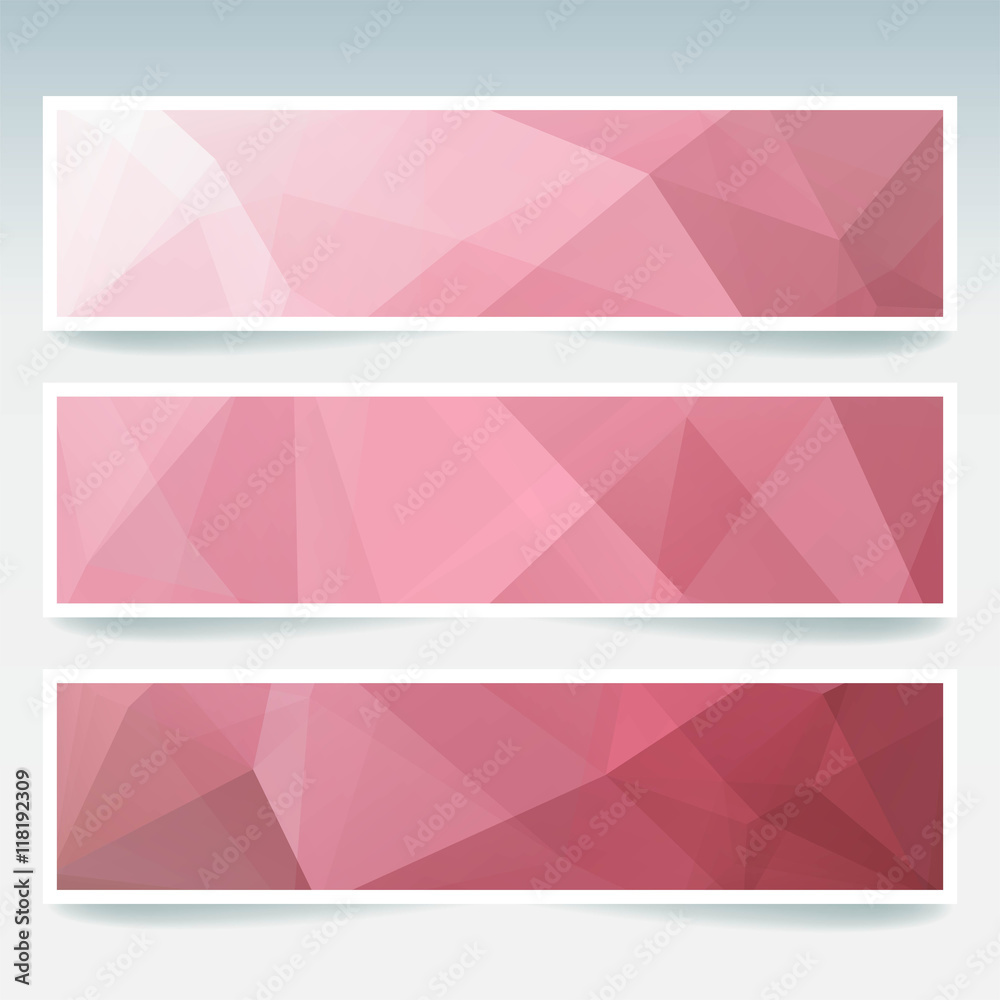Vector banners set with pink polygonal abstract triangles. 