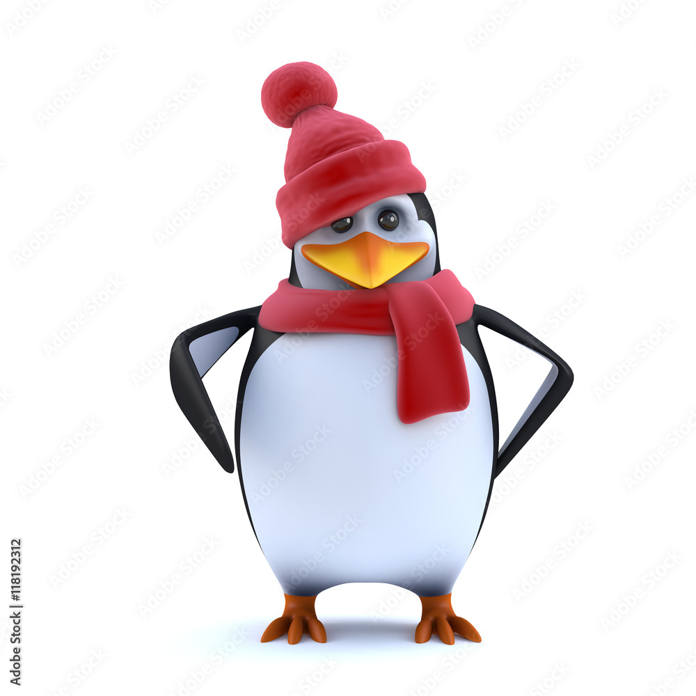 Fototapeta premium 3d Cute winter penguin in wool hat and scarf