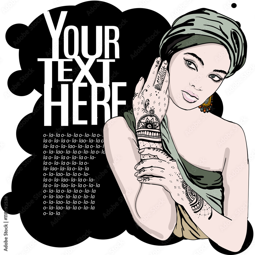 portrait of pretty indian ethnic Girl in traditional turban, with henna tattoo mehendy on her hand. vector. copy space. portrait of pretty indian ethnic Girl in traditional turban, with henna tattoo mehendy on her hand. vector. copy space.