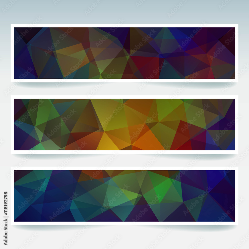 Horizontal banners set with polygonal triangles. Polygon background. 