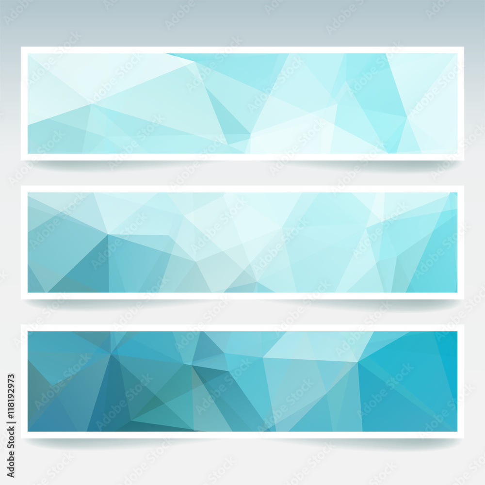 Vector banners set with blue polygonal abstract triangles.