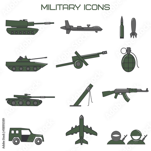 Set of military icons. tank, fighting machine, drone, mortar amm