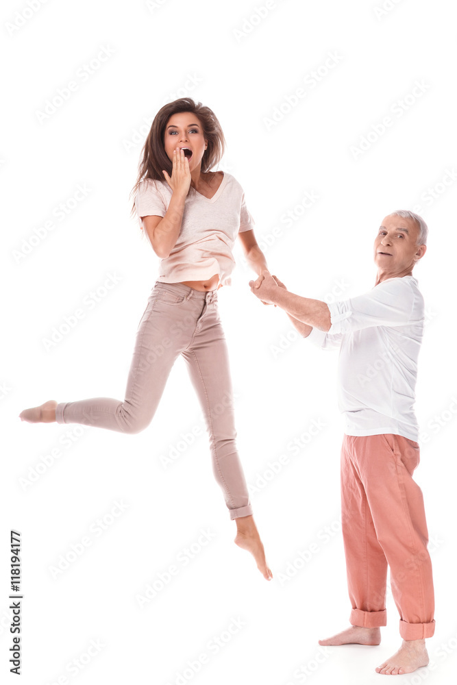 Young happy woman and her elderly father
