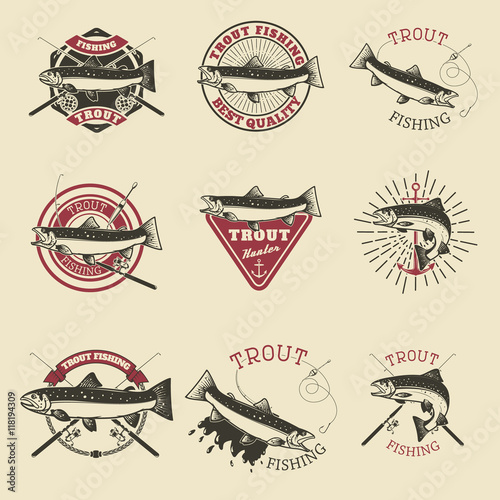 Set of trout fishing labels. Fishing club, team emblems template