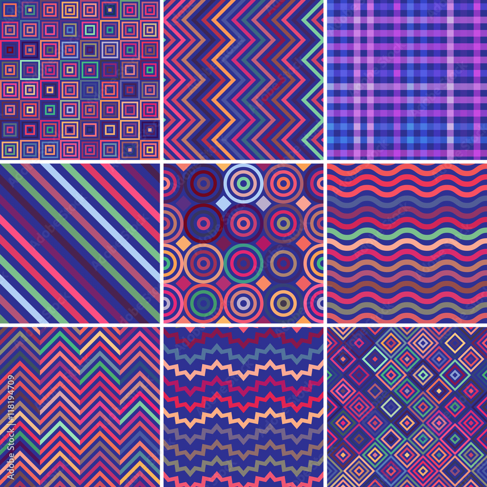 Obraz premium Set of seamless abstract background, 9 geometric pattern, vector