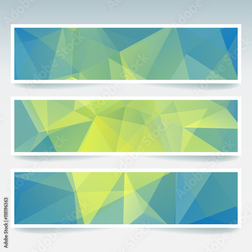 Vector banners set with polygonal abstract green, blue triangles