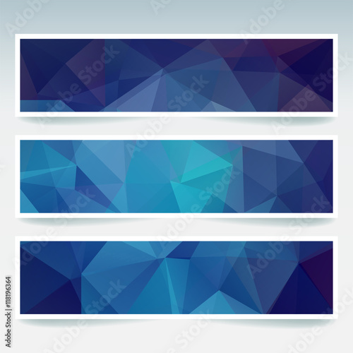 Vector banners set with polygonal abstract blue triangles. 