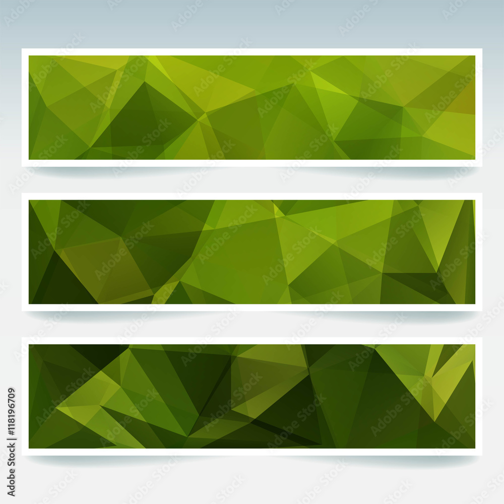Fototapeta premium Vector banners set with polygonal abstract green triangles. 