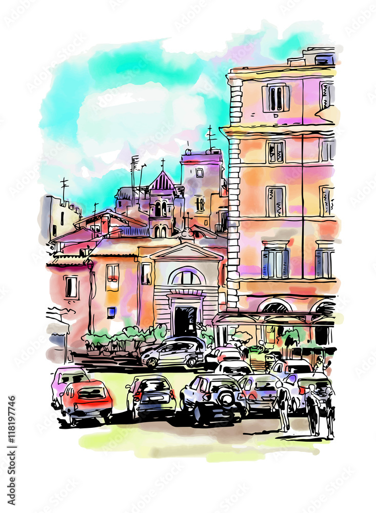 Naklejka premium watercolor travel card from Rome Italy, old italian imperial bui