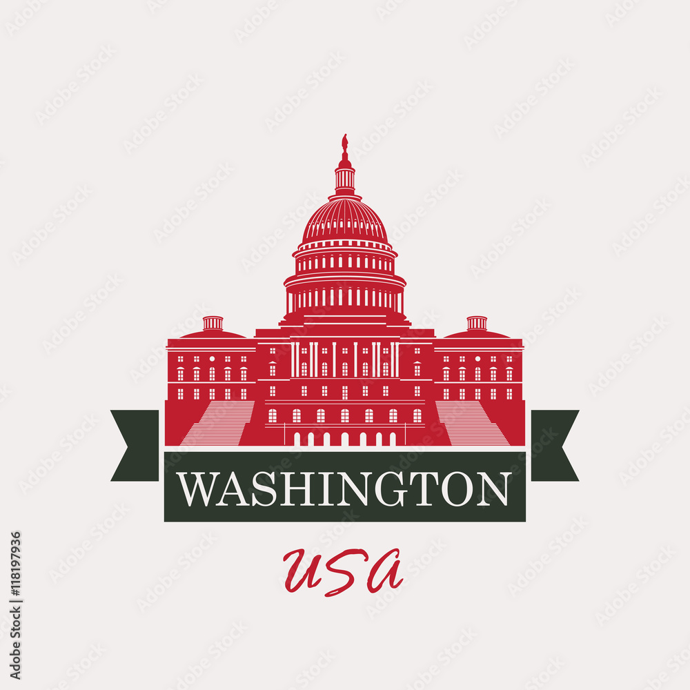 Vector illustration Capitol Building in Washington, DC with flag USA