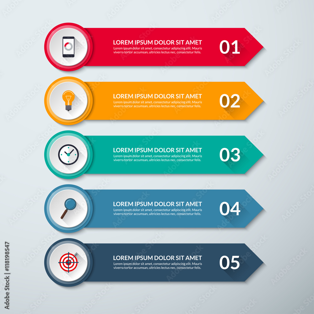 Arrow infographic elements. Vector design template with 5 options. Can be used for diagram, graph chart, report, plan, strategy, data visualization, web design Arrow infographic elements. Vector design template with 5 options. Can be used for diagram, graph chart, report, plan, strategy, data visualization, web design