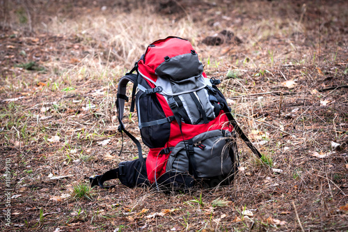backpack on autumn meadow