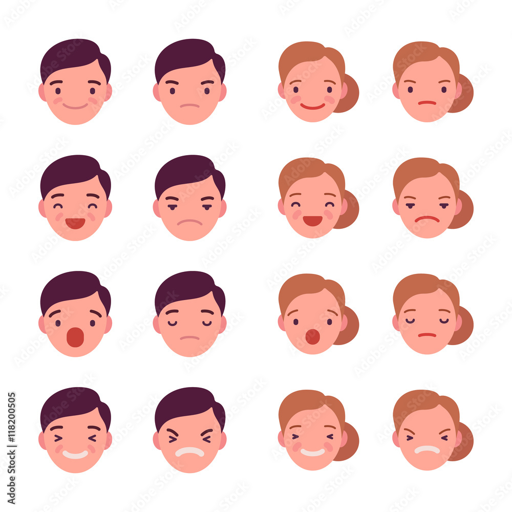 Naklejka premium Set of 16 different emotions. Anger and joy. Surprised and hurt. Indifference and shock. Laughter and dream. Cartoon vector flat-style illustration