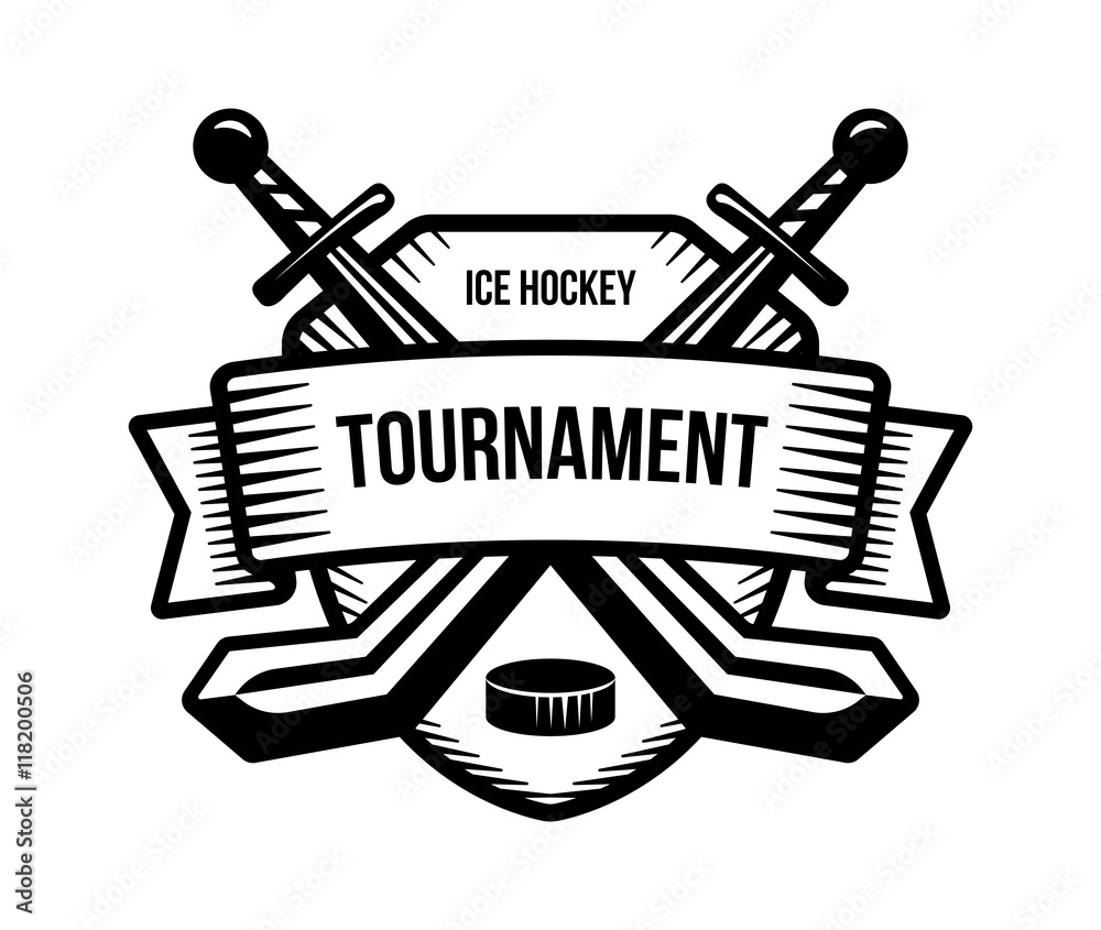 Ice hockey vector logo. Winter team sport tournament. Knight, pirate, buccaneer, warrior sword mascot. Black and white badge, shirt design.