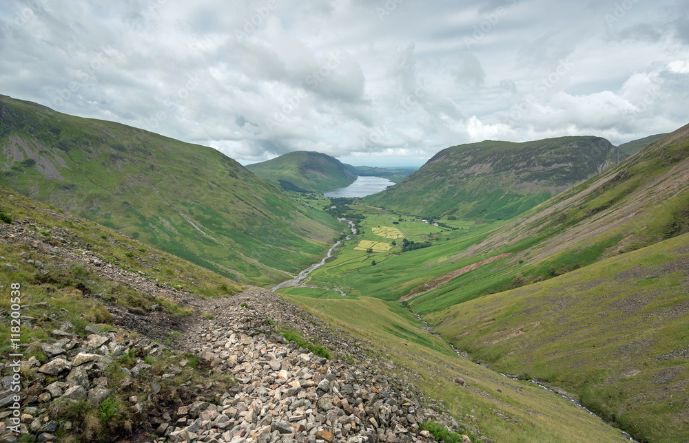 Wasdale Head and Wast Water viewed from the path to the summit of Great Gable in the Lake District National Park, Cumbria, England.