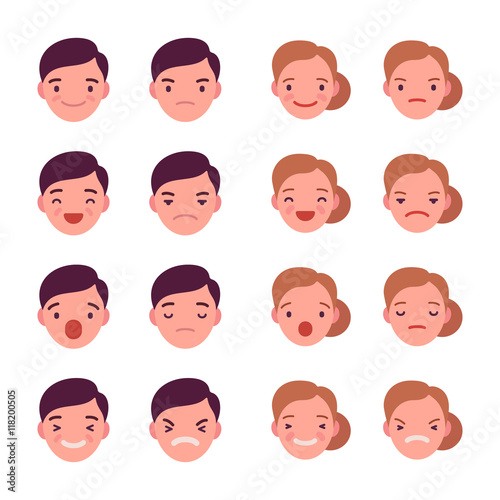 Set of 16 different emotions. Anger and joy. Surprised and hurt. Indifference and shock. Laughter and dream. Cartoon vector flat-style illustration