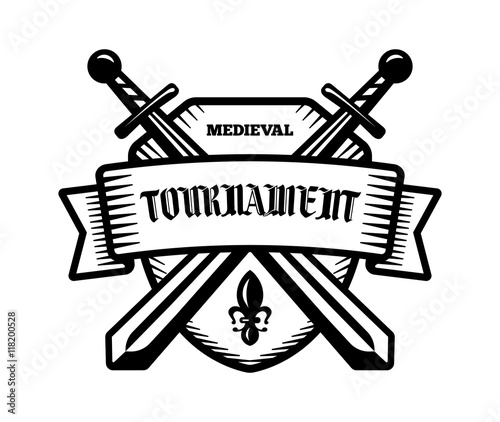 Medieval tournament fight sport vector logo. Knight, pirate, buccaneer, warrior sword mascot. Black and white badge, shirt design.