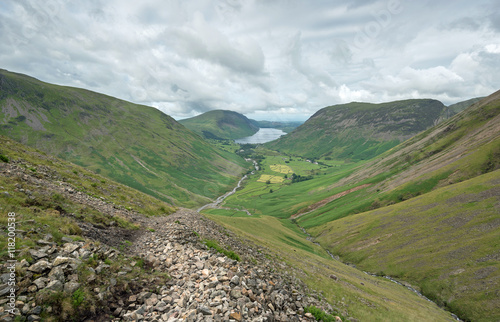 Wasdale Head and Wast Water viewed from the path to the summit of Great Gable in the Lake District National Park  Cumbria  England.